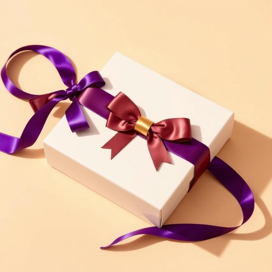 A luxury pet gift box tied with purple and gold ribbon