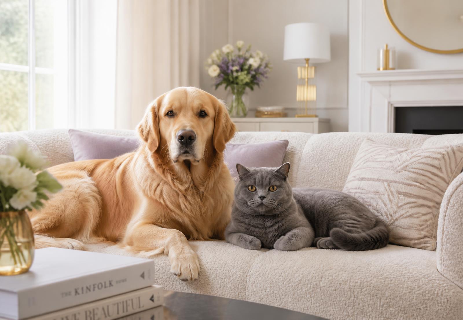 A golden retriever and a British shorthair cat resting together on a cream sofa